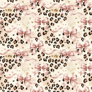 May include: A seamless pattern featuring a repeating design of light pink satin bows connected by flowing ribbons over a cream background with black and brown leopard spots, small pink hearts, and scattered gold glitter accents throughout.