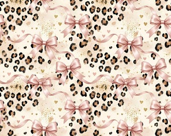 Coquette Leopard Print Seamless Pattern PNG, Pink Bow, Gold Glitter Hearts (Digital Download)