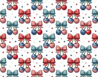 Patriotic Cherry Bow Seamless Digital Paper, 4th of July American Flag Pattern, Americana Coquette Aesthetic Background, Red White Blue JPG