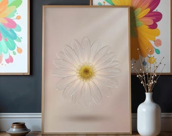 3D Glass Daisy Wall Art, Transparent Flower Print, Minimalist Floral Decor (Digital Download)