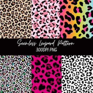 May include: A collection of six seamless leopard print patterns in various colourways including classic tan, pink, rainbow gradient, multi-coloured neon, hot pink, and black and white. The text Seamless Leopard Pattern 300DPI PNG is centred.