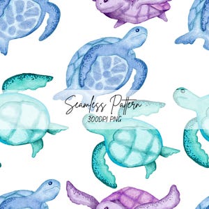 Watercolor Sea Turtle Seamless Pattern, Blue Purple Aquatic Digital Paper (300 DPI PNG)
