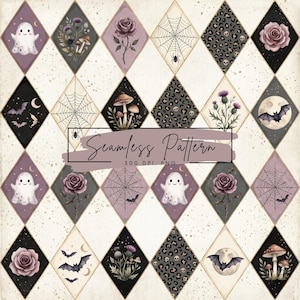 Op de afbeelding: Een naadloos patroon met een ruitvormig raster gevuld met illustraties van geesten, rozen, spinnenwebben, vleermuizen, paddenstoelen, distels en luipaardprint met schedels. De tekst Seamless Pattern 300 DPI. PNG staat in het midden.