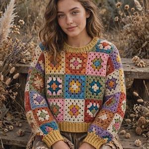 Può includere: Un maglione a maniche lunghe realizzato con un patchwork di quadrati all'uncinetto multicolori. Il capo presenta uno scollo rotondo e polsini e orlo a coste in filato giallo senape tinta unita, con quadrati nelle tonalità rosa, blu, verde e arancione.