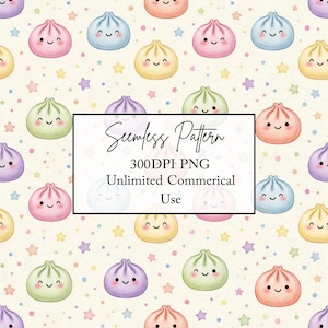May include: A seamless pattern featuring cartoon dumplings with smiling faces in pastel pink, blue, yellow, purple, and green, interspersed with small colourful stars and dots. Text reads: Seamless Pattern, 300DPI PNG, Unlimited Commerical Use.