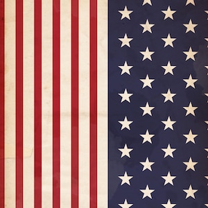 May include: A vintage-style American flag design. The image features red and white stripes on the left and a blue field with white stars on the right. The overall aesthetic has a slightly aged, textured appearance.