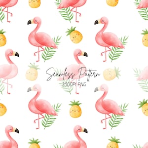 May include: A seamless pattern featuring repeating illustrations of pink flamingos, green palm leaves, and yellow pineapples with smiling faces on a white background. The text Seamless Pattern 300DPI PNG is centered in the middle of the image.