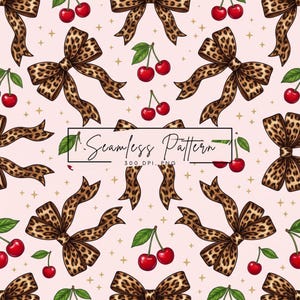 Leopard Bow Cherry Seamless Digital Paper, Coquette Cheetah Ribbon Pattern