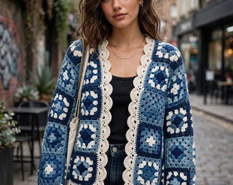 Denim Granny Square Cardigan Crochet Pattern – Boho Patchwork Style (PDF)