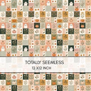 May include: A seamless digital pattern featuring a grid of squares with illustrations of white ghosts, orange pumpkins, autumn leaves, and botanical floral sprigs in muted tones of green, beige, and peach, with text reading TOTALLY SEAMLESS 12 X12 INCH.
