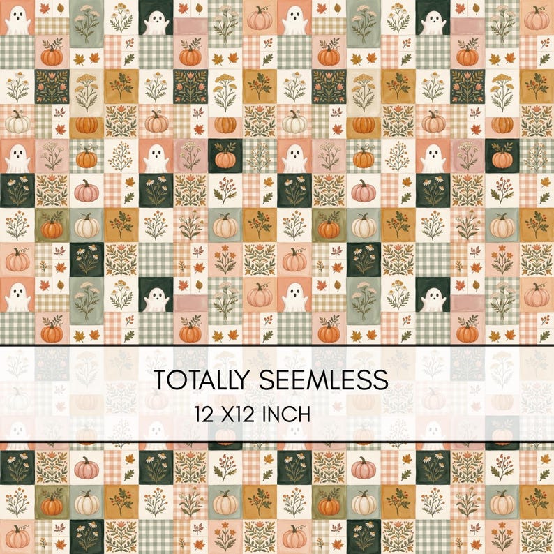 May include: A seamless digital pattern featuring a grid of squares with illustrations of white ghosts, orange pumpkins, autumn leaves, and botanical floral sprigs in muted tones of green, beige, and peach, with text reading TOTALLY SEAMLESS 12 X12 INCH.