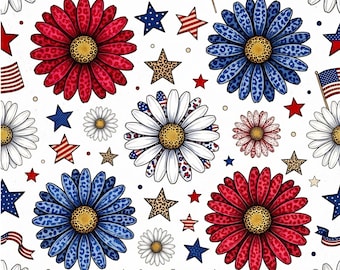 Patriotic Daisy Seamless Pattern, 4th of July Floral Leopard Print Digital Paper, Americana Stars & Stripes Sublimation, Summer Repeat JPG