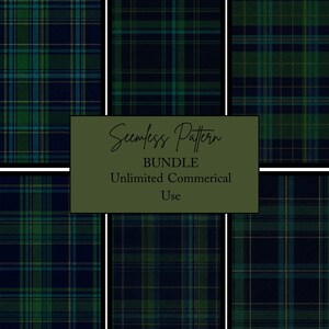 Puede incluir: Una colección de seis patrones de cuadros distintos en verde oscuro y azul marino dispuestos en una cuadrícula. Una superposición rectangular verde oliva central presenta el texto negro Seamless Pattern BUNDLE Unlimited Commerical Use.