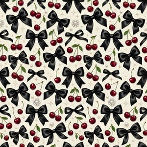May include: A repeating pattern featuring black bows and cherries on a cream background. The bows vary in size and are interspersed with clusters of cherries and small pearl accents. The design has a vintage aesthetic.