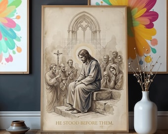 Vintage Jesus Christ Sketch Print, Religious Sepia Wall Art (Digital Download)