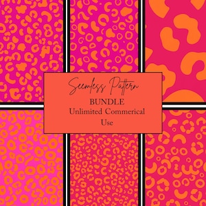 May include: A digital collection of six seamless patterns featuring orange leopard and cheetah spots on a vibrant hot pink background. A central orange rectangular label displays the text Seamless Pattern BUNDLE Unlimited Commerical Use.