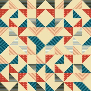 Może przedstawiać: Powtarzający się wzór geometryczny o symetrycznym designie. Wzór wykorzystuje trójkąty, kwadraty i szewrony w kolorach czerwonym, niebieskim i czarnym, na kremowym tle. Projekt ma estetykę retro, nowoczesną z połowy wieku.