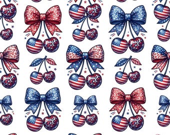 Patriotic Coquette Cherries Seamless Pattern, 4th of July Bows Digital Paper, Americana Leopard Print Background, Summer DTF, Commercial Use