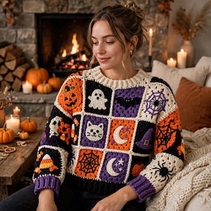 Wzór na sweter szydełkowy na Halloween, patchworkowy sweter z kwadratami babci w formacie PDF, aplikacja z dynią-duchem i nietoperzem w kształcie kota i pajęczyny, gruby sweter jesienny