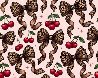 Leopard Bow and Cherry Seamless Digital Paper, Coquette Cheetah Ribbon Pattern, Rockabilly Aesthetic Background,Retro Red Cherry Pattern JPG