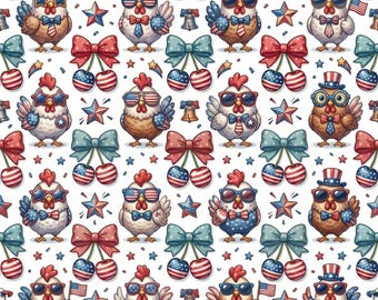 Patriotic Chicken Seamless Digital Paper, 4th of July Rooster Pattern, American Flag Cherry & Bow Background, Farmhouse Americana JPG