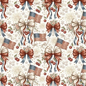 Vintage Coquette 4th of July Seamless Pattern, USA Flag Cherry Bows (Digital Download)