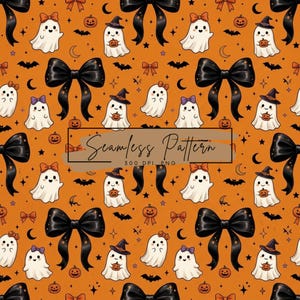 May include: A seamless pattern on an orange background featuring white ghosts, black bows, small orange pumpkins, bats, and crescent moons. Some ghosts wear hats or bows. The text Seamless Pattern 300 DPI PNG is centred in a rectangular box.