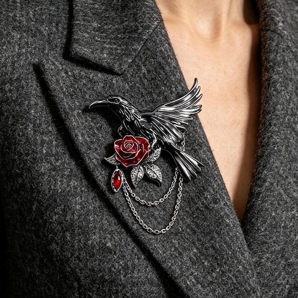 Gothic Raven Brooch, Black Bird Pin, Ruby Rose Crystal, Silver Chain, Victorian Statement Jewelry