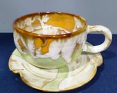 Handmade Ruffle Rim Flared Ceramic Mug & Saucer, Green Brown Drip Glaze Sculptural Coffee Cup, Organic Japandi Art Pottery, One of a Kind