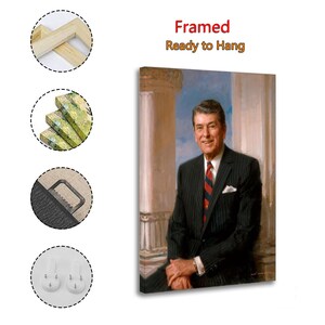 Puede incluir: Impresi&oacute;n en lienzo enmarcada que presenta un retrato de un hombre con un traje de raya diplom&aacute;tica negro y una corbata a rayas rojas y azules. El texto "Framed Ready to Hang" est&aacute; en la esquina superior derecha. Lienzo estirado sobre un marco de madera.