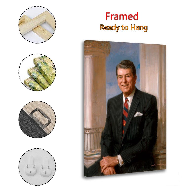 Puede incluir: Impresi&oacute;n en lienzo enmarcada que presenta un retrato de un hombre con un traje de raya diplom&aacute;tica negro y una corbata a rayas rojas y azules. El texto "Framed Ready to Hang" est&aacute; en la esquina superior derecha. Lienzo estirado sobre un marco de madera.