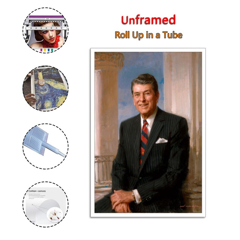 Puede incluir: Un retrato de un hombre con un traje de raya diplom&aacute;tica oscuro, corbata a rayas rojas y azules y pa&ntilde;uelo blanco. La imagen est&aacute; etiquetada como "Unframed Roll Up in a Tube". El retrato est&aacute; sobre lienzo de algod&oacute;n.