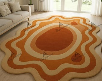 Alfombra retro ondulada hecha a mano – Alfombra de salón con diseño de garabatos originales