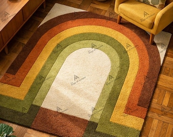 Retro Rainbow Tufted Rug, Handmade Boho Area Rug, Mid Century Modern Carpet,