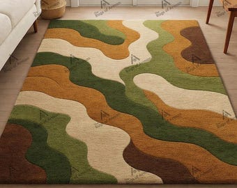 Abstract Wavy Tufted Rug, Mid Century Modern Boho Carpet, Green Brown Cream Home Decor
