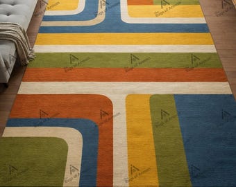 Mid Century Modern Rug, Geometric Tufted Area Rug, Colorful Abstract Carpet,