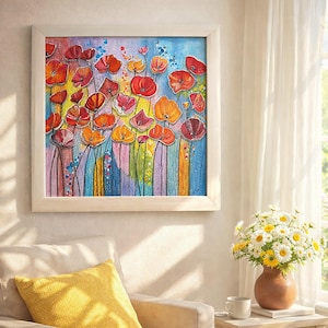Puede incluir: Pintura enmarcada de flores rojas, naranjas y amarillas sobre un fondo azul y colorido. La obra de arte está colgada sobre un sillón beige con un cojín amarillo. Un jarrón de margaritas está sobre una mesita.