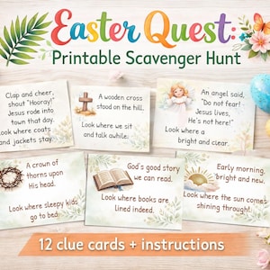 Puede incluir: Una búsqueda del tesoro imprimible de Pascua con 12 tarjetas de pistas e instrucciones. Las tarjetas presentan temas y pistas religiosas. También se ven huevos de Pascua coloridos y tijeras. El texto incluye "Easter Quest" y "Printable Scavenger Hunt".