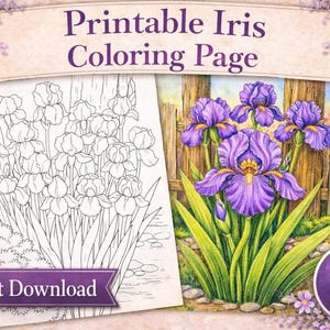 May include: Printable Iris Coloring Page with a detailed illustration of irises in a garden setting. The image features a black and white line drawing and a colored illustration of purple irises with green leaves. The text "+ Instant Download" is also visible.