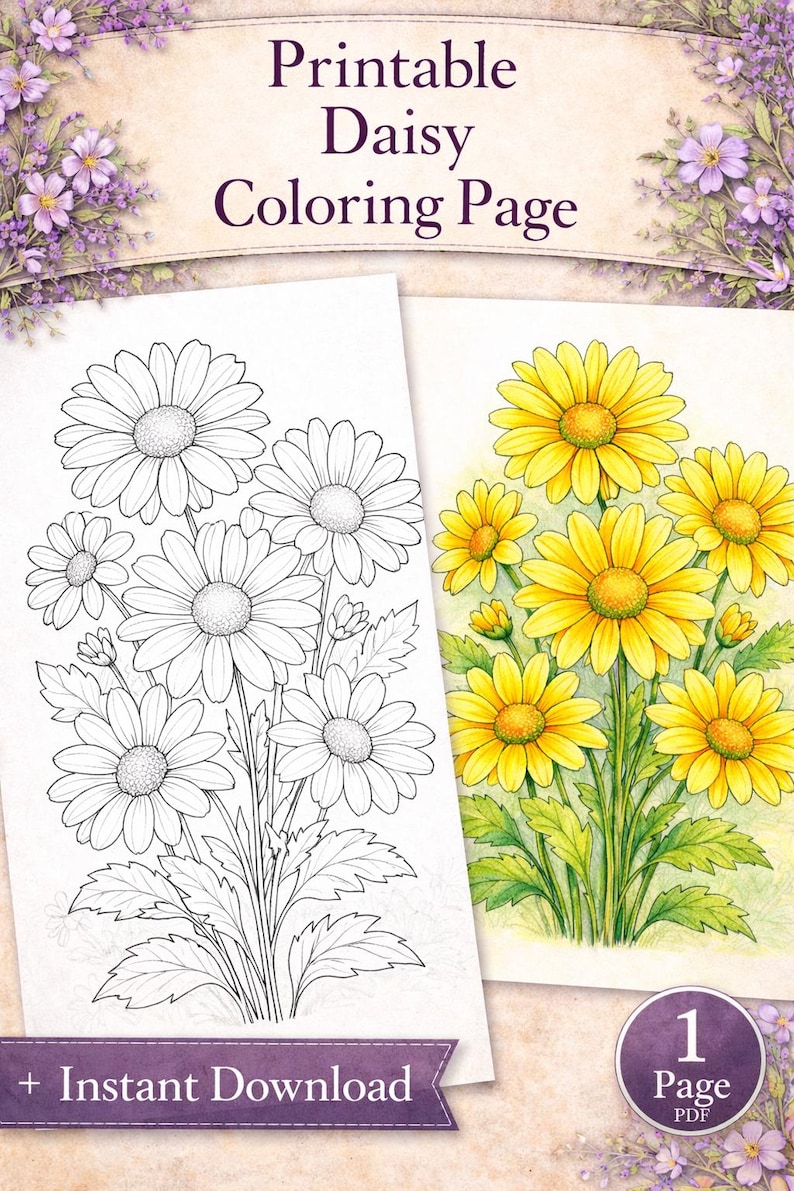 Printable Daisy Coloring Page | Botanical Flower Line Art | Adult ...
