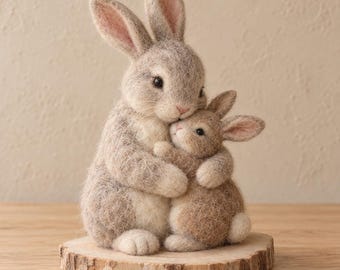 May include: A needle-felted sculpture of a large gray and white rabbit embracing a smaller brown and white bunny. Both figures feature textured wool fibers, dark eyes, and pink noses, standing together on a circular, light-colored wooden base.