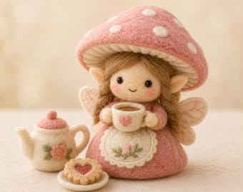 May include: A needle-felted fairy figurine wearing a pink mushroom cap hat, holding a small cream-colored teacup with a pink heart. Beside the fairy sits a cream-colored teapot with a pink lid and rose detail, and a small cookie with a heart center.