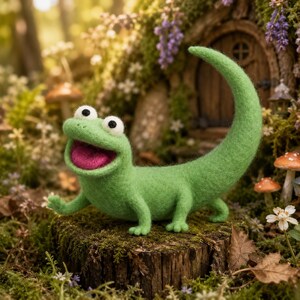 May include: A needle-felted green lizard figurine with a long, curved tail, a wide open mouth revealing a bright pink interior, and two large white eyes with black pupils, standing on a textured, mossy brown tree stump surface.