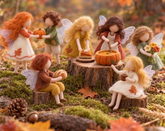 May include: A collection of seven needle-felted fairy figurines with wings, dressed in autumn-colored clothing. The figures are arranged around a tree stump, interacting with miniature felted pumpkins, a pie slice, and flowers.