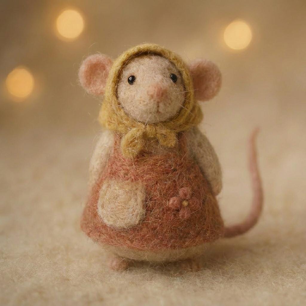 Hooded Mouse Figurine, Needle Felt Mouse, Handmade Wool Animal, Cottagecore Gift, Cute Storybook Mouse, Miniature Shelf Decor