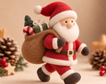 May include: A needle-felted Santa Claus figurine wearing a red suit with white trim, a black belt with a gold buckle, and dark brown boots. Santa carries a large brown sack containing a small green gift box and a red and white candy cane.