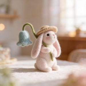 Pode incluir: Uma figura de coelho feita à mão em feltro rosa claro, usando um pequeno chapéu bege. Segura um caule verde com uma flor em forma de sino azul claro. O coelho tem bochechas rosadas e está sentado em uma superfície branca.