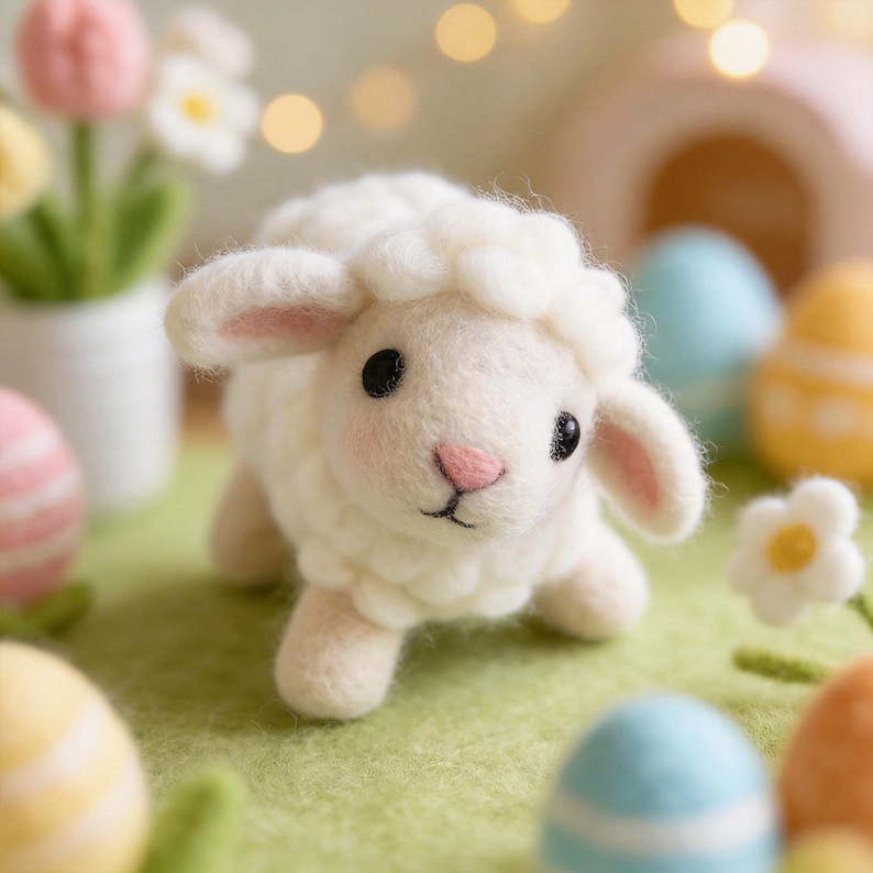 Pode incluir: Uma figura de cordeiro branco artesanal com nariz e orelhas rosa. O cordeiro &eacute; cercado por ovos de P&aacute;scoa e flores em tons pastel, criando uma exibi&ccedil;&atilde;o com tema de primavera. O cordeiro &eacute; feito de material macio e texturizado.