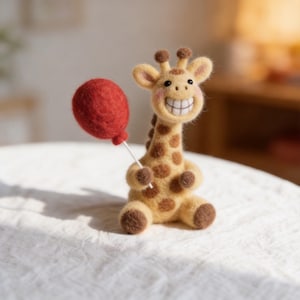 Könnte beinhalten: Eine handgefertigte Filzgiraffe mit einem breiten Lächeln, die einen roten Ballon hält. Die Giraffe ist beige mit braunen Flecken und einer hellbraunen Mähne. Der Ballon ist rund und an einem weißen Stock befestigt. Die Giraffe sitzt auf einer weißen Oberfläche.