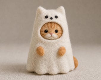 Naaldvilt Halloween-dierbeeldjes, schattige wollen spookkat uil pinguïn decor, handgemaakt Halloween plankornament cadeau